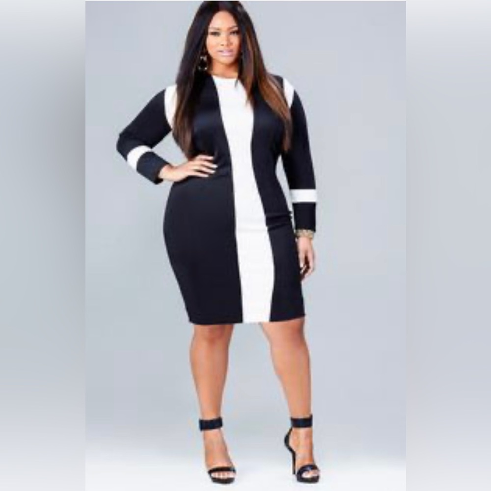 Monif C. Marcie Black and White Long Sleeve Colorblock Bodycon Dress size 1X